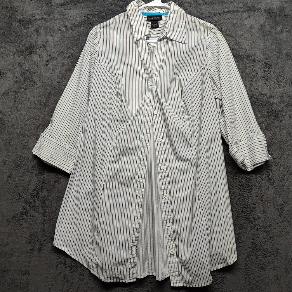 Lane Bryant shirt tunic button down brown blue striped long beachy lounge comfy